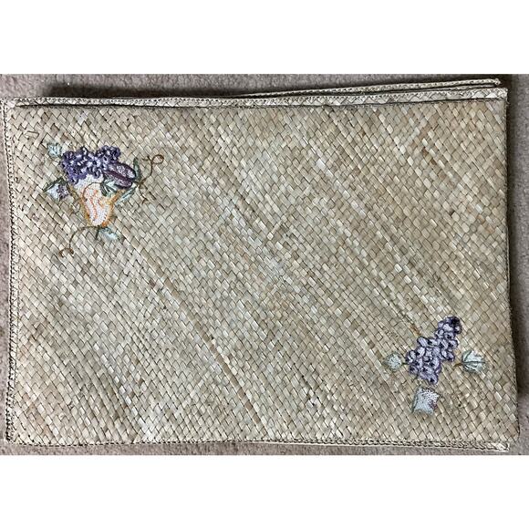 Set of 8 Placemat's Indoor Outdoor Use Hand Woven Natural Grasses & Embroidery - Picture 6 of 9